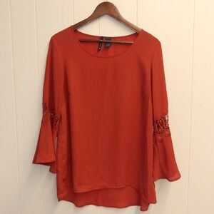 New Directions Blouse Bell Sleeve Crochet Cuff Rust Red Top Elegant Size L/#6322